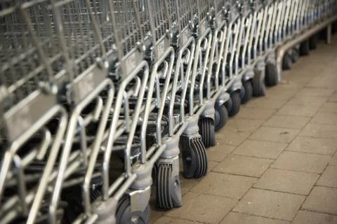 Many empty shopping carts in a row. Stock Photos