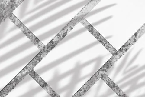 Many empty white vertical rectangle poster mockups with soft palm leaves shadow Stock Photos