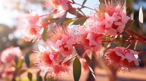 Many Eucalyptus flowers bouquet pattern. Close-up of vibrant pink eucalyptu.. Stock Photos