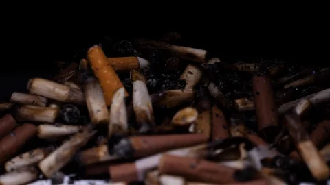 Many of extinguished cigarette butts of varying brands rack focus Stock Footage 88055382