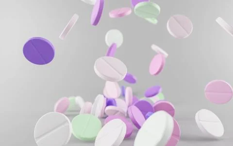 Many falling colorful pharma medication pills isolated on white 3d illustration Stock Illustration