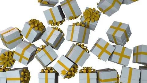 Many falling gift boxes with bows, computer generated. 3d rendering of festive Illustrazione stock