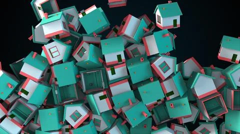 Many falling houses, computer generated. Oversupply in the real estate market Stock Illustration