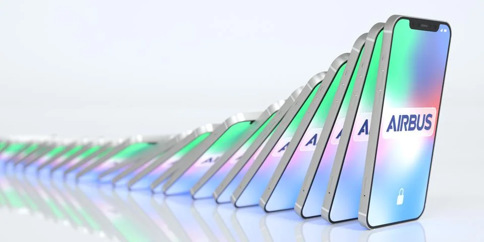 Many falling mobile phones with logo of AIRBUS on the displays, domino effect Stock Illustration