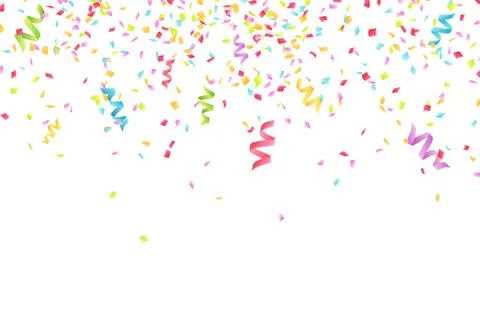 Many falling multicolored confetti and ribbons isolated on white background. Stock Illustration