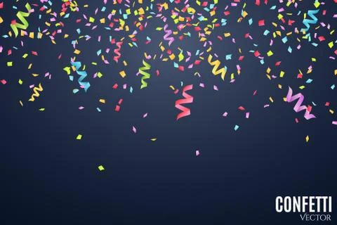 Many falling multicolored confetti and ribbons on a dark blue background. Cel Stock Illustration