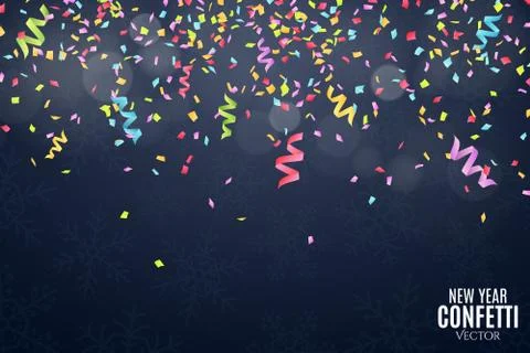 Many falling multicolored confetti and ribbons on a dark blue background. Cel Stock Illustration