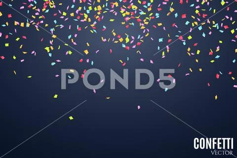 Many falling multicolored confetti on a dark blue background. Celebratory bac Stock Illustration