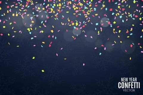 Many falling multicolored confetti on a dark blue background. Celebratory bac 스톡 일러스트