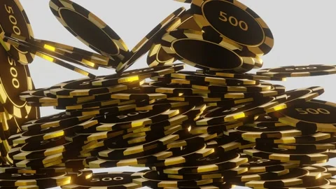 Many Falling Poker Chips on white background. Jackpot. Golden black chips. Onlin Stock Footage 200853550