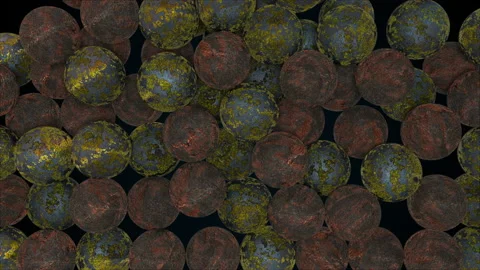 Many falling rusty spheres, computer generated. 3d render of abstract old Stock Footage 149356364
