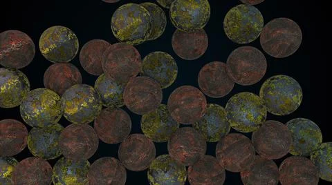 Many falling rusty spheres, computer generated. 3d render of abstract old Illustrazione stock