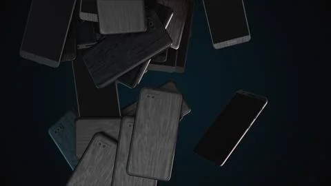 Many falling smartphones, computer generated. 3d render of modern background 库存插图