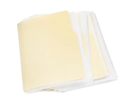 Many file folders with papers isolated on white Stock Photos
