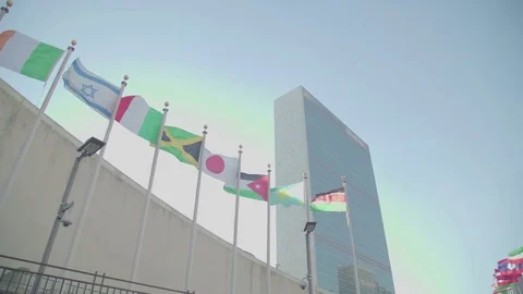 Many flags and the UN building NYC Stock Footage 83792235