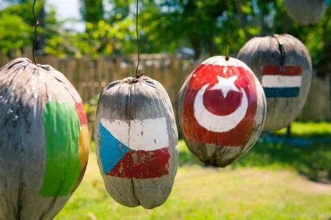 Many flags of countries painted on the coconuts Stock Photos