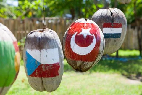 Many flags of countries painted on the coconuts Stock Photos