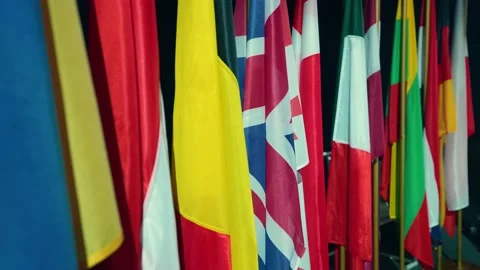 Many flags of different countries. Official conference of countries Stock Footage 233426506