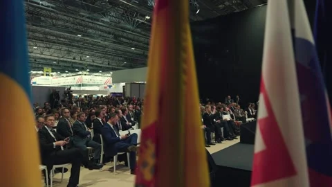 Many flags of different countries. Official conference, diplomatic meeting. Stock Footage 255808996