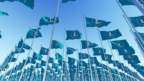 Many flags with Litecoin Crypto currency sign against blue sky. Stock Footage 85511189