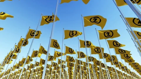 Many flags with Zcash Z coin crypto currency signs Stock Footage 85896341