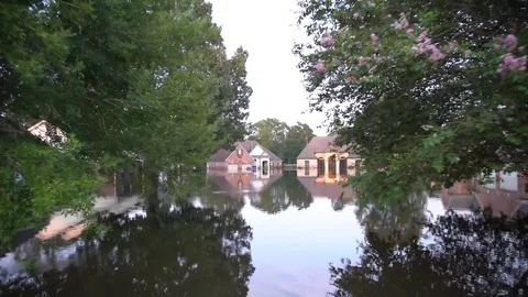 Many flooded houses from hurricane Harvey in Texas Stock Footage