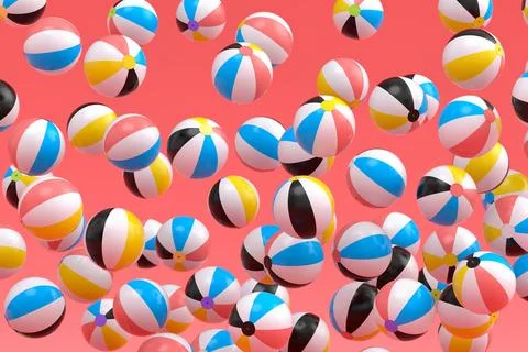 Many of flying beach balls isolated on pink background 스톡 일러스트