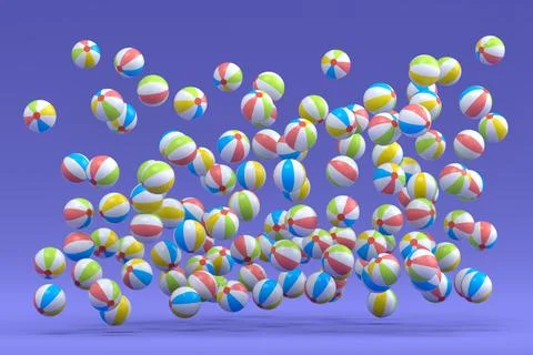 Many of flying beach balls isolated on violet background Ilustração Stock