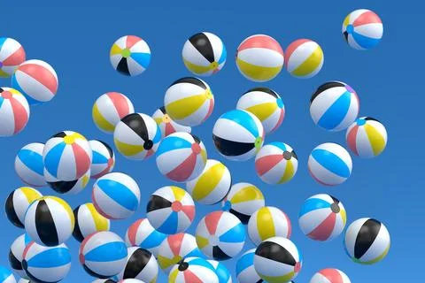 Many of flying beach balls isolated on blue background Stock Illustration