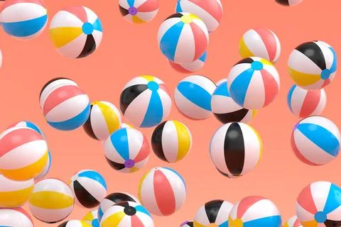 Many of flying beach balls isolated on pink background Illustrazione stock
