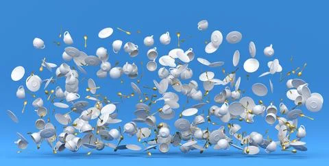 Many of flying ceramic coffee cups for espresso, teaspoons and plates on blue Illustrazione stock