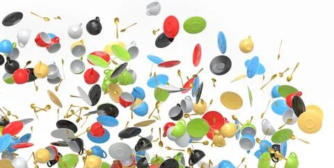 Many of flying ceramic coffee cups for espresso, teaspoons and plates on whit Stock Illustration