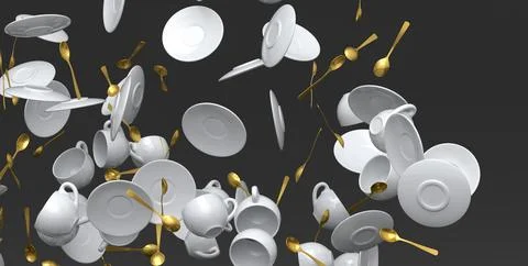 Many of flying ceramic coffee cups for espresso, teaspoons and plates on blac Illustrazione stock