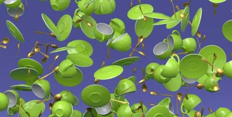 Many of flying ceramic coffee cups for espresso, teaspoons and plates on viol Stock Illustration