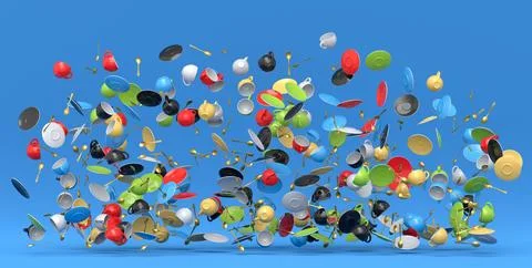 Many of flying ceramic coffee cups for espresso, teaspoons and plates on blue Stock Illustration