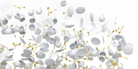Many of flying ceramic coffee cups for espresso, teaspoons and plates on whit Illustrazione stock