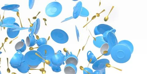 Many of flying ceramic coffee cups for espresso, teaspoons and plates on whit Stock Illustration