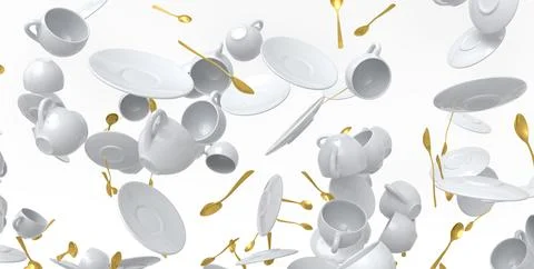 Many of flying ceramic coffee cups for espresso, teaspoons and plates on whit Stock Illustration