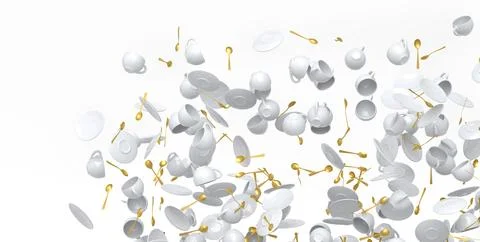 Many of flying ceramic coffee cups for espresso, teaspoons and plates on whit Illustrazione stock