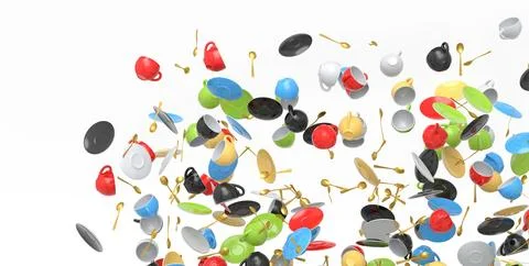 Many of flying ceramic coffee cups for espresso, teaspoons and plates on whit Illustrazione stock