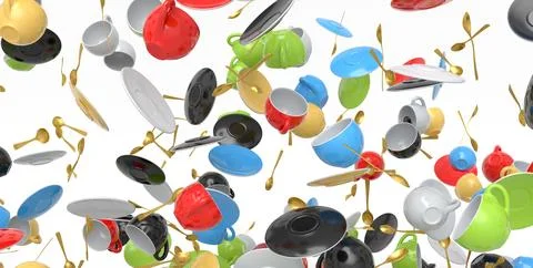 Many of flying ceramic coffee cups for espresso, teaspoons and plates on whit Stock Illustration