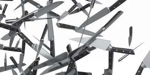 Many of flying chef's kitchen knives on white background Stock Illustration