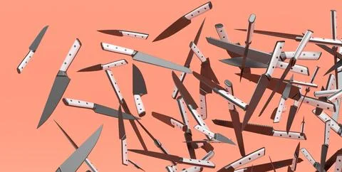 Many of flying chef's kitchen knives on pink background Stock Illustration