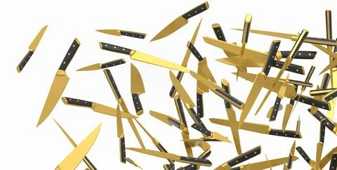 Many of flying chef's kitchen knives on white background Stock Illustration