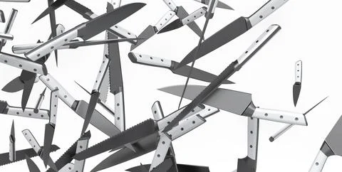 Many of flying chef's kitchen knives on white background Stock Illustration