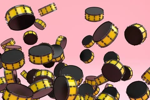 Many of flying drums or drumset on pink background Stock Illustration