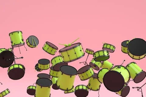 Many of flying drums or drumset on pink background Foto stock