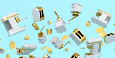 Many of flying espresso coffee machine with horn, cups, geyser coffee maker a Illustrazione stock
