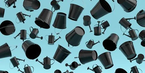 Many of flying garden buckets for hydration of plants on blue background Stock Illustration