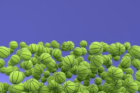 Many of flying green basketball ball falling on violet background Illustrazione stock